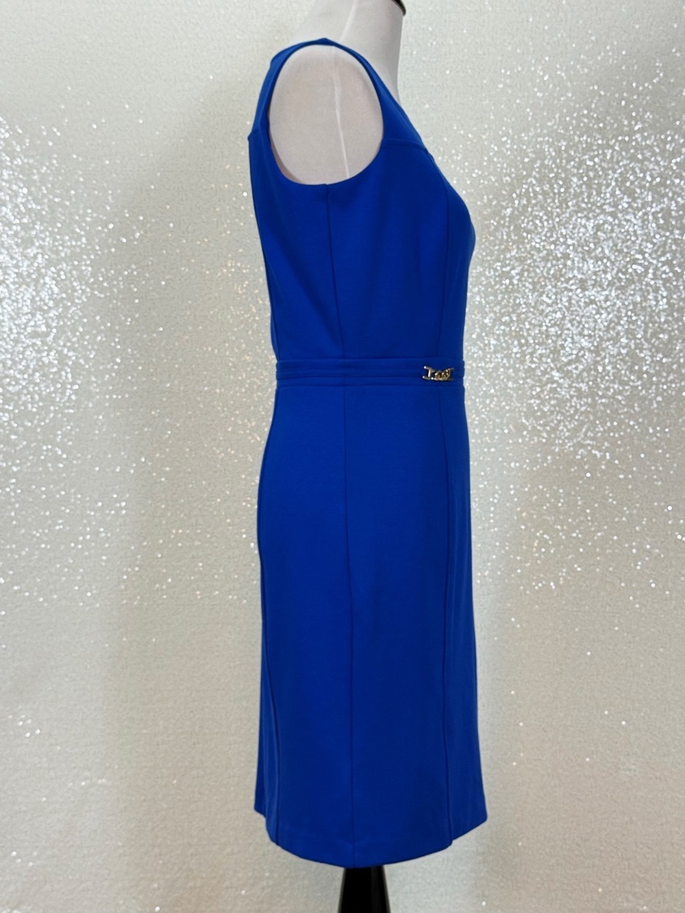 Ann Taylor Petite 8P Royal Blue Sheath Dress Gold Hardware Career Cocktail Midi - Picture 5 of 14
